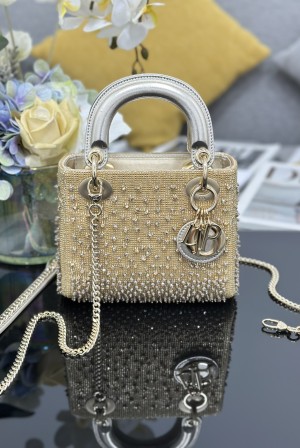 [Dior] 레이디 디올 미니 3구 토트백 숄더백 가방 - 골드 비즈 자수