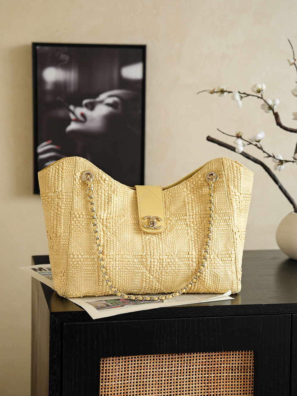 [Chanel] 샤넬 AS6090 26C 라피아 & 레더 토트백 숄더백 가방