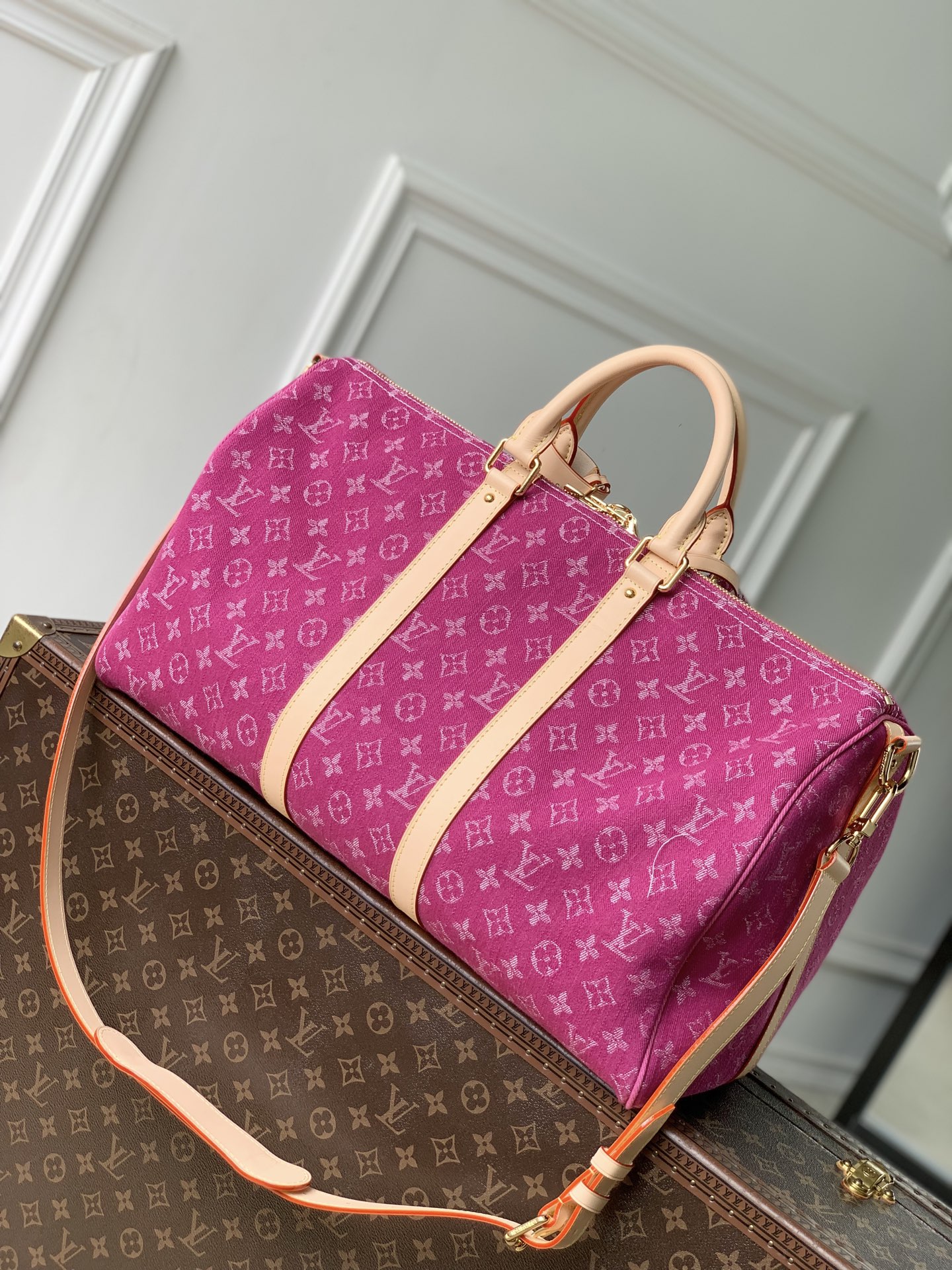 [Louis Vuitton] LV 루이비통 Keepall Bandoulière 45 키폴 반둘리에 45 - 모노그램 푸시아 핑크 데님 가방