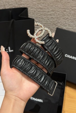 [Chanel] 샤넬 램스킨 셔링 펄 더블C 밴드 벨트 (30mm)