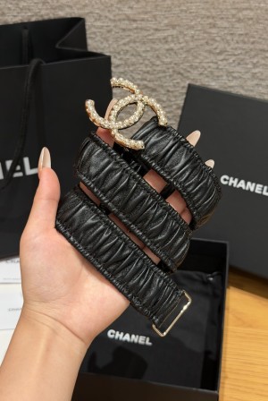 [Chanel] 샤넬 램스킨 셔링 펄 더블C 밴드 벨트 (30mm)