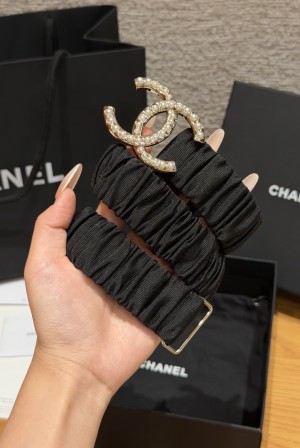 [Chanel] 샤넬 램스킨 셔링 펄 더블C 밴드 벨트 (30mm)