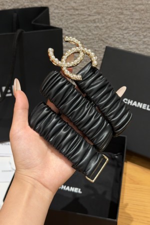 [Chanel] 샤넬 램스킨 셔링 펄 더블C 밴드 벨트 (30mm)